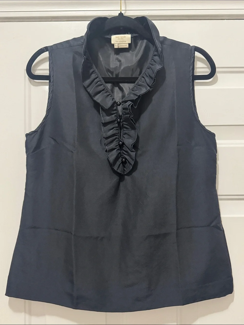 Kate Spade Silk Ruffle Front Sleeveless Blouse Black Small